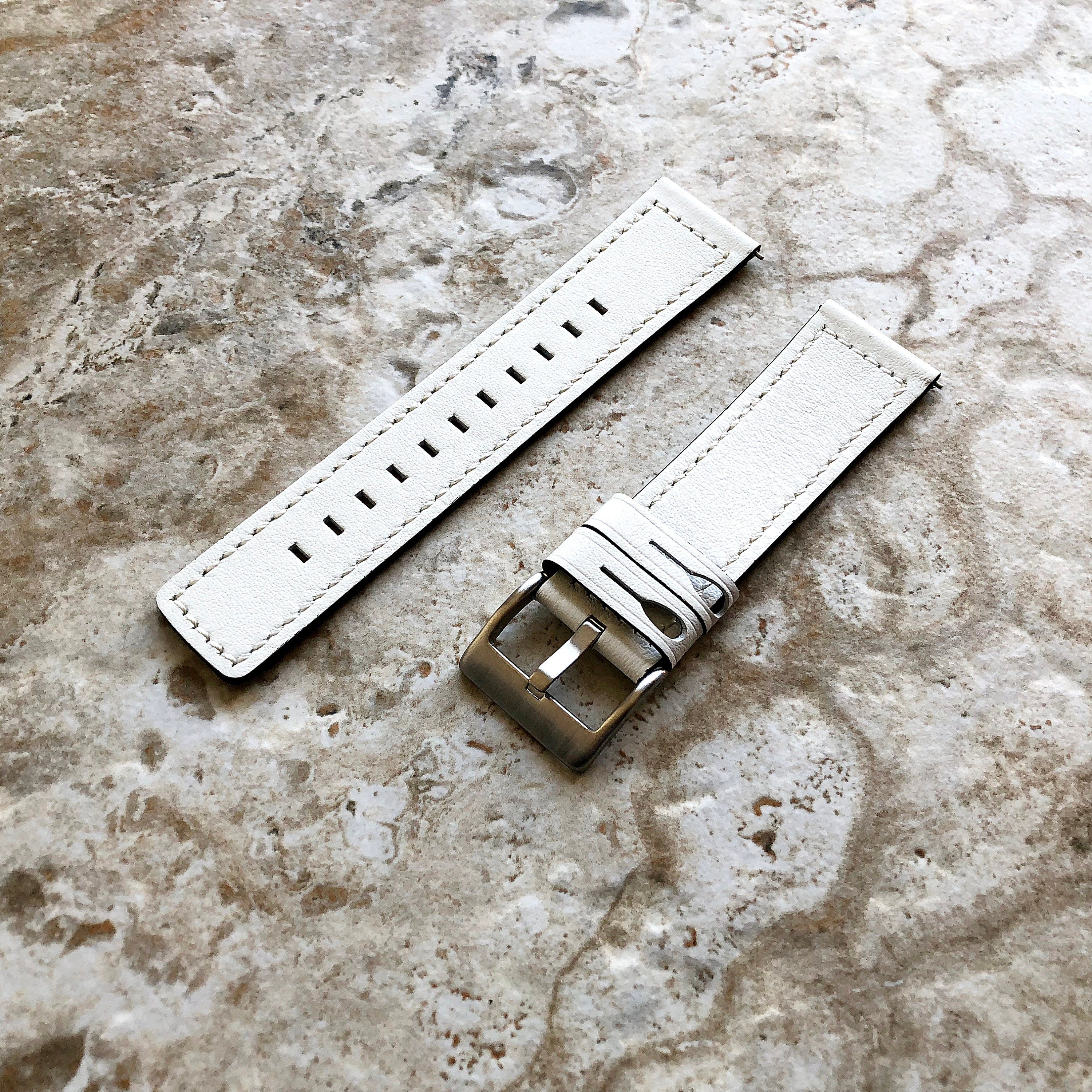 22mm Width White Soft Leather Watch Strap Band Stitched for Wrist Hand Watches - Quick Release Pins Included Easy and Ready to Attach